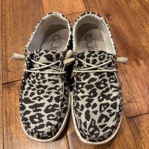Hey Dude Black and White Leopard Slides